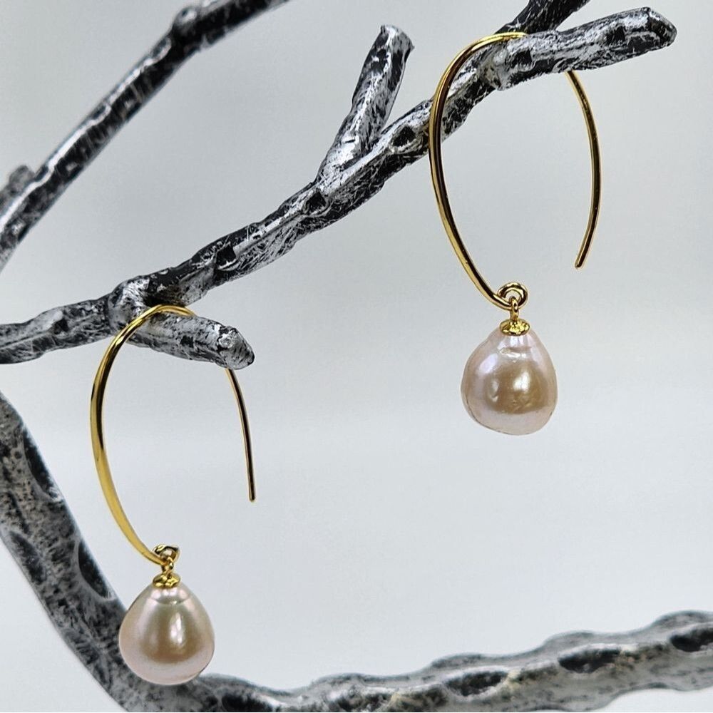 925S Cultured Freshwater Pearl Dangle Threader‎ Hook Earrings Gold Plated